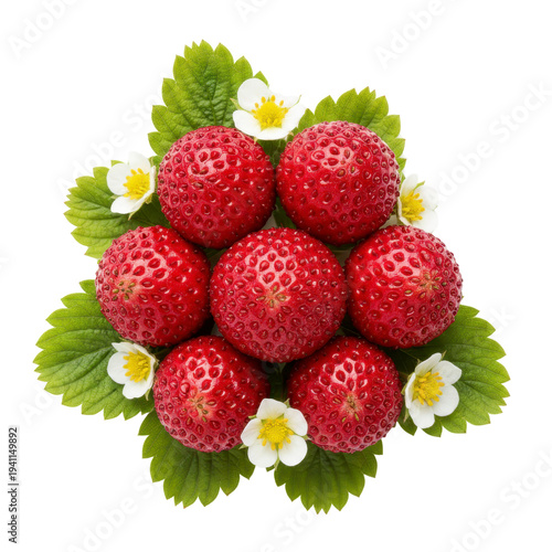 Fresh strawberries with leaves and flowers