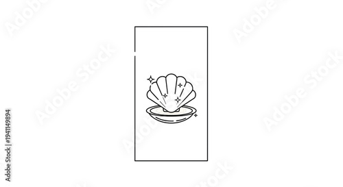 Minimalist black line art illustration of a gleaming seashell holding a precious treasure, perfect