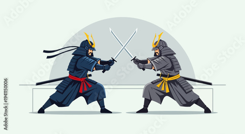 Two Samurai Warriors in Armor Duel with Swords, Pixel Art Style