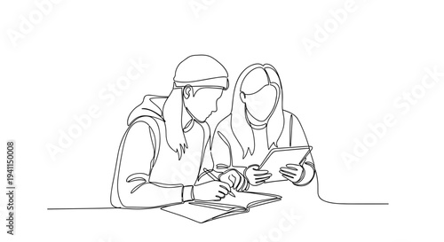 Young couple using smartphone together in minimal line art