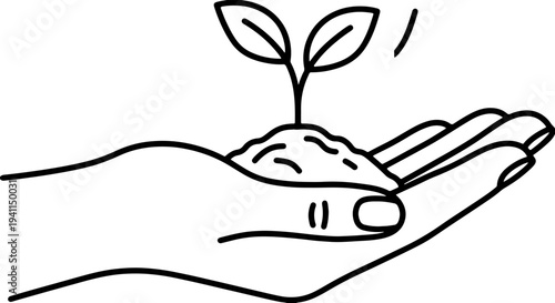 Simple doodle line art of a human hand holding a pile of soil with a young sprout for organic gardening reforestation sustainability and environmental conservation concept vector illustration