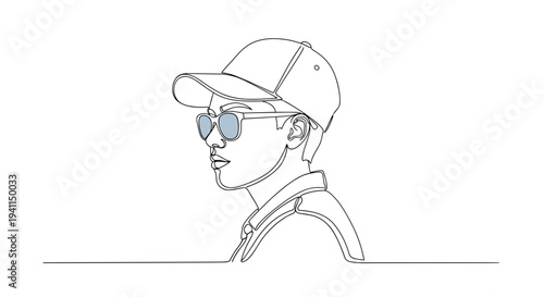 Young man in cap and sunglasses in minimal line art profile