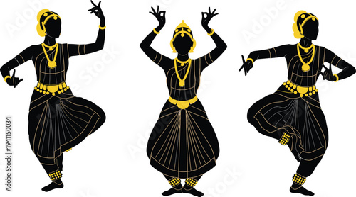 Indian Classical Bharatanatyam Dance Silhouette Set Featuring Traditional Mudras Poses Gold Jewelry and Ethnic Attire for Cultural Vector Design Elements