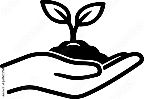 Clean flat line icon of a human hand holding black soil and a small green plant sprout for ecology sustainability reforestation and environmental protection concept vector isolated on transparent