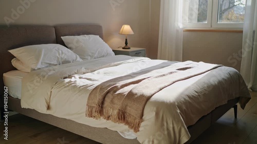 Sunlit bedroom ambience: cozy bed with soft morning light and minimalist decor