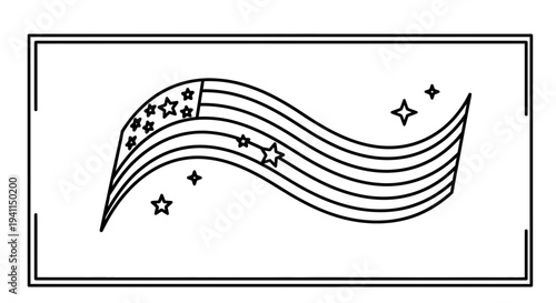 Dynamic monochrome outline of a patriotic flag featuring stars and stripes in a decorative frame