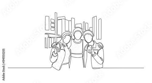 Three friends taking selfie in city street minimal line art style
