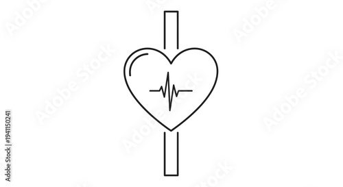 Minimalist heart icon with pulsating electrocardiogram wave and central vertical connection line