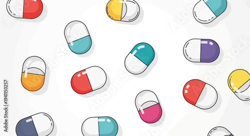 Colorful Medicine Capsules Scattered on White Background, Healthcare Concept