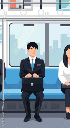 Businessman commuting to work on a train with briefcase