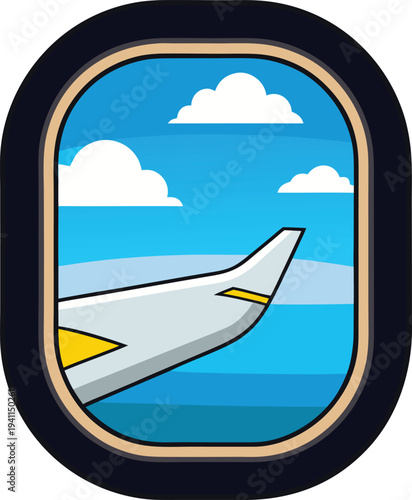 Airplane wing viewed through window against blue sky with clouds vector illustration EPS PNG file