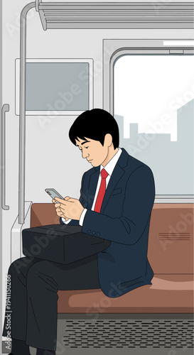 Businessman using smartphone on commuter train, commuting to work, city skyline view