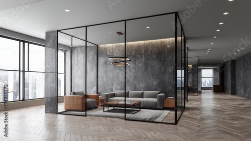 Modern office interior design with glass partitions and stylish furniture in bright urban setting