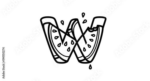 Monochrome vector art depicting the initial W crafted from juicy watermelon segments with