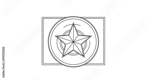 Minimalist outline drawing of a prominent five-pointed star emblem within a geometric frame