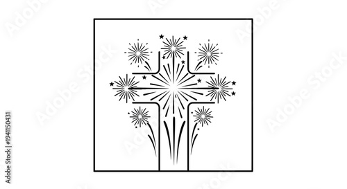 Striking graphic illustration of a stylized cross formed by celebratory fireworks bursts and