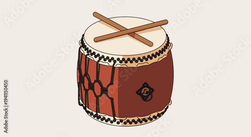 Japanese Taiko Drum with Drumsticks, Traditional Percussion Instrument