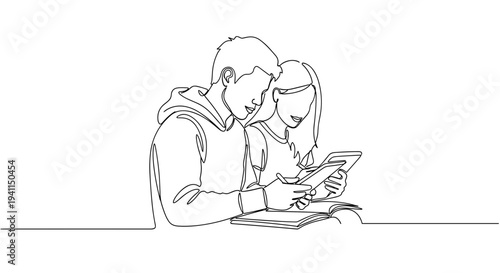 Young couple using smartphone together in minimal line art style