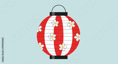 Red and White Striped Japanese Lantern with Cherry Blossoms
