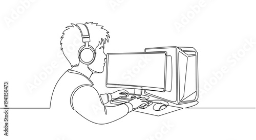Young person wearing headphones using computer in minimal line art