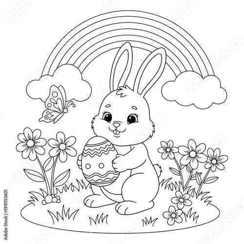 Cute Easter Bunny Holding Decorated Egg with Rainbow and Flowers Coloring Page for Kids
