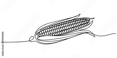 Maize ear in continuous line art drawing style. Corn cob black linear sketch isolated on white background. Vector illustration, Minimalist One Line Drawing of a Corn Cob | Abstract Organic Food Art, 
