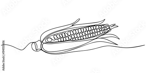Maize ear in continuous line art drawing style. Corn cob black linear sketch isolated on white background. Vector illustration, Minimalist One Line Drawing of a Corn Cob | Abstract Organic Food Art, 