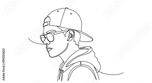 Young man in cap and glasses in minimal line art portrait