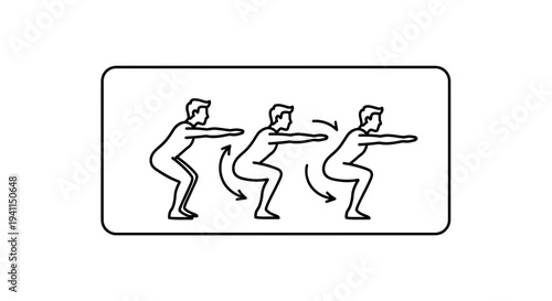Dynamic squat exercise illustration showing proper form and movement for effective lower body