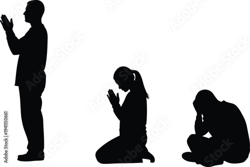 Silhouette of a man and woman praying and a person in despair, representing faith, hope, spiritual connection, and emotional distress.
