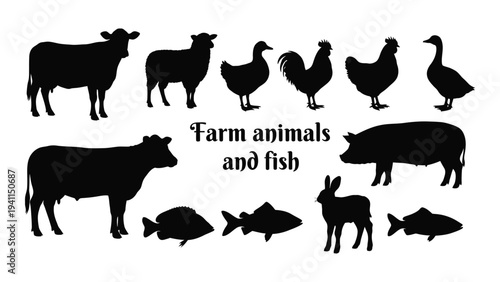 Black silhouettes of various farm animals and fish