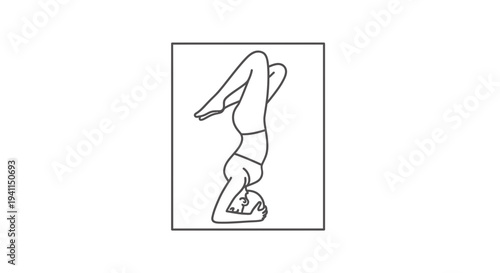 Simple linear drawing of an individual engaged in a tranquil yoga headstand pose demonstrating