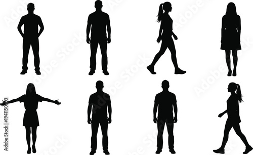 Set of black silhouettes featuring elegant ballet dancers and men in various artistic poses, isolated on a white background, vector