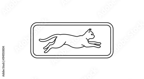 Sleek monochromatic feline sprint captured within a stylized rectangular border design emblem