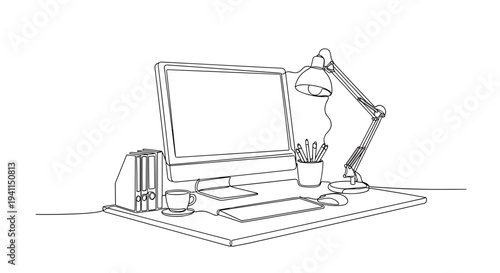 Minimal line art desk workspace in black outline on light background