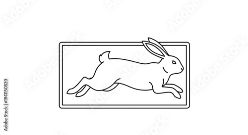 Minimalist outline illustration of a swift running rabbit enclosed within a simple rectangular