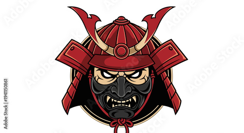 Fierce Samurai Warrior Mask and Helmet Emblem, Japanese Warrior Icon