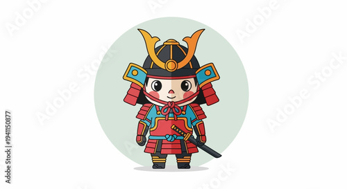 Cute Chibi Samurai Warrior with Sword, Cartoon Style