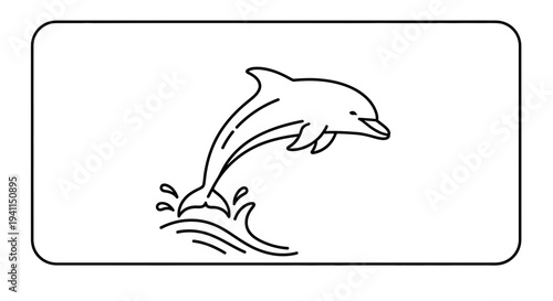 Minimalist black outline drawing of a cheerful dolphin leaping playfully from ocean waves