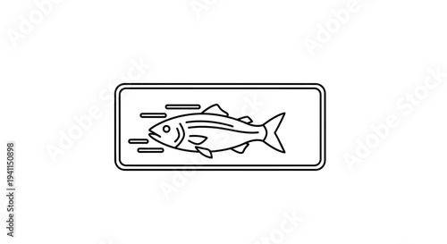 Minimalist line art illustration of a swimming fish in a rectangular frame conveying freshness and