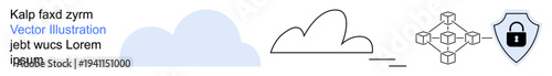 Technology, cybersecurity, cloud storage, secure data, blockchain, digital safety. ion of a cloud, network nodes and a shield with a lock symbol. Technology and cybersecurity concept