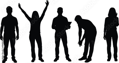 Set of black silhouettes of business people and casual adults standing, posing, and celebrating, isolated on a white background, vector