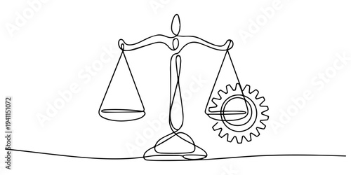 Scales Balancing a Gear continuous one line drawing, Balance scale with gears, concept of equilibrium, Balance scale comparing power distribution and load management isolated on minimal style concept.