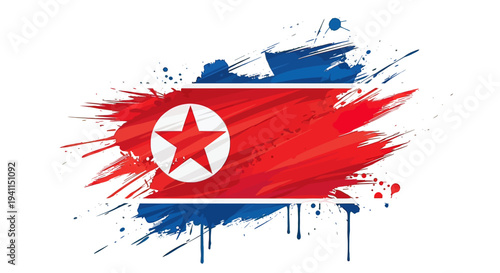North Korean Flag Paint Brush Stroke Design.