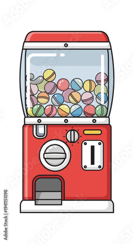 Red Gumball Machine Filled with Colorful Gumballs, Vintage Toy Dispenser