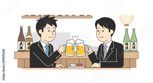 Two businessmen toasting with beer at a Japanese bar, celebrating success