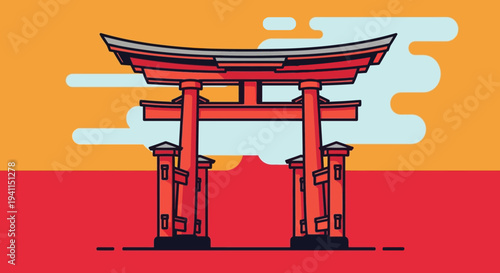 Vibrant Red Torii Gate Silhouette Against Abstract Sunset Sky, Japanese Culture Symbol