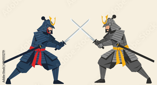 Two Samurai Warriors in Armor Clashing Swords in Battle Stance