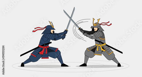 Two Samurai Warriors in Combat, Clashing Swords in a Duel