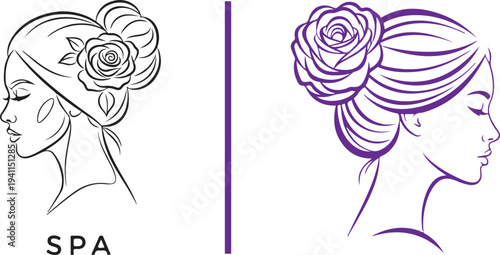 Elegant spa vector art featuring side-profile illustrations of women with rose-adorned hair buns. Minimalist black line work on the left and a stylized purple version on the right.
